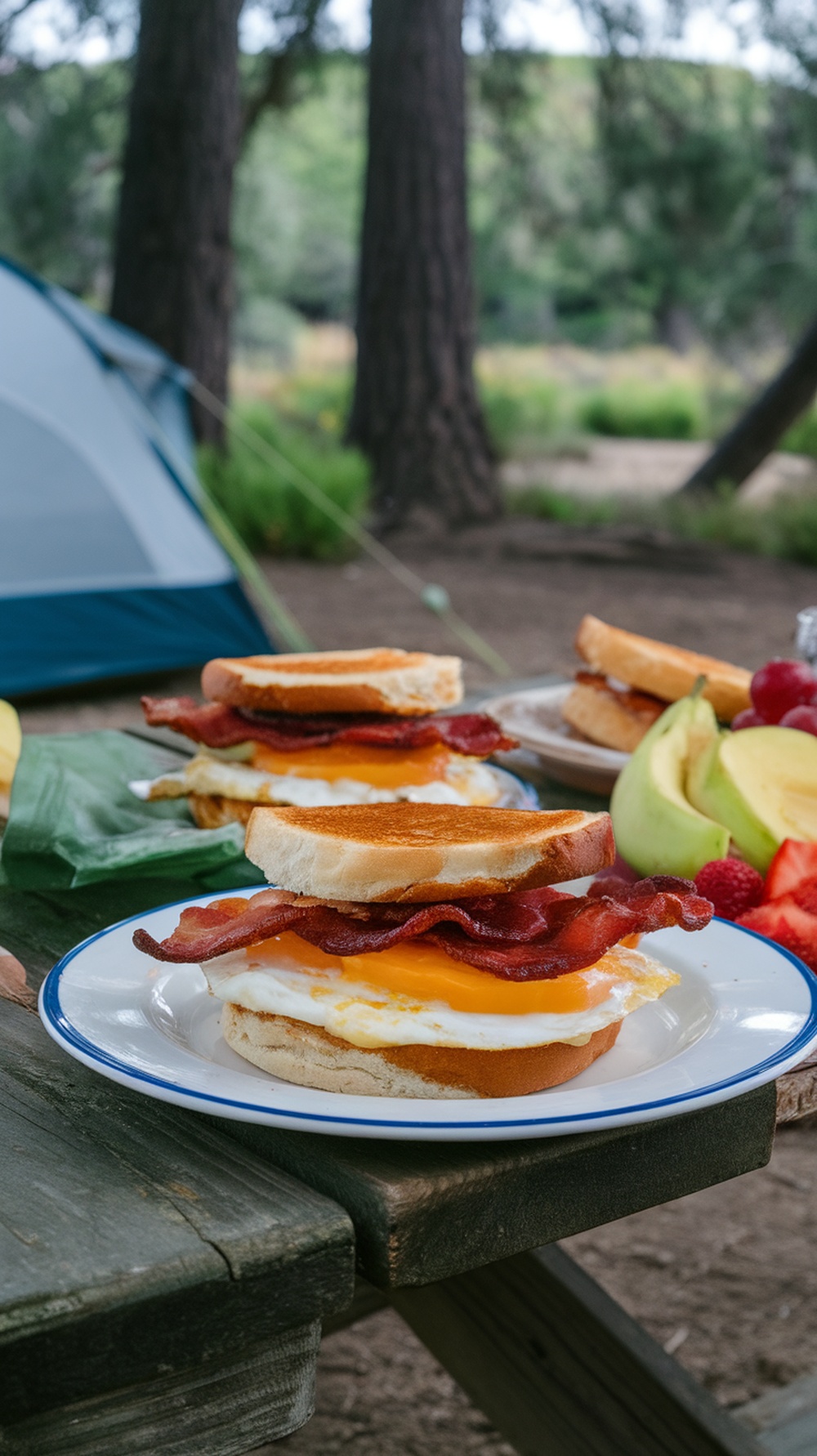 Bacon and egg breakfast sandwiches on English muffins served outdoors