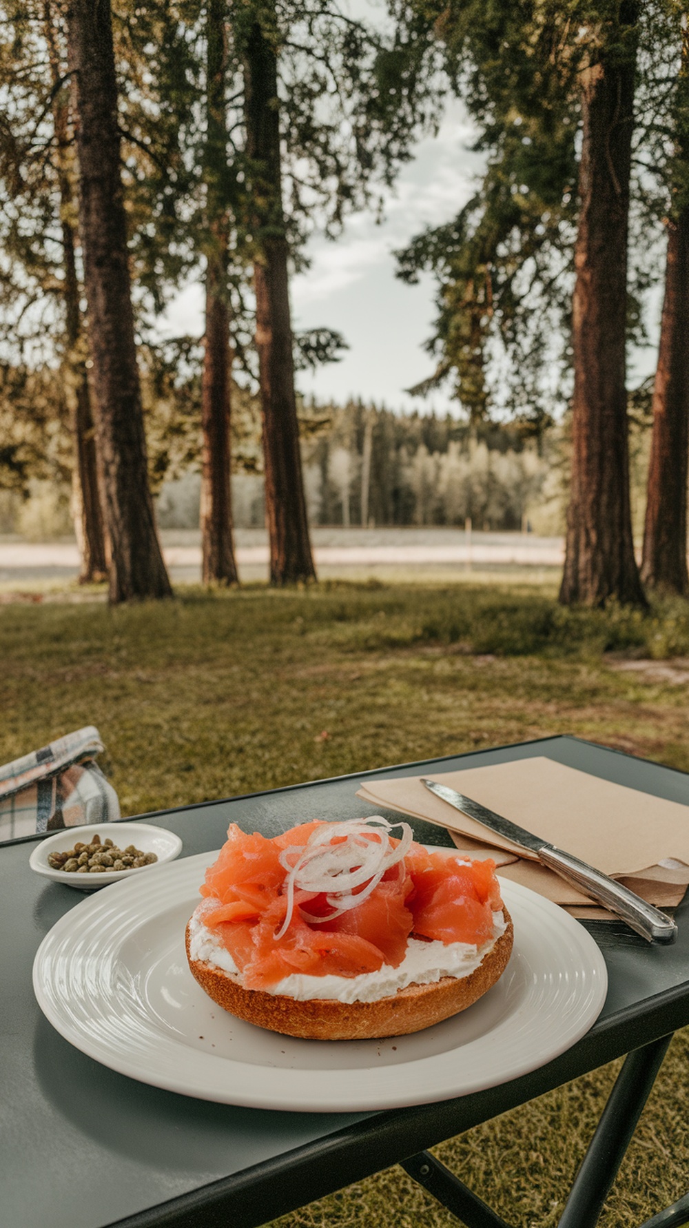 A campfire bagel topped with cream cheese, smoked salmon, and red onion, set against a scenic outdoor backdrop.