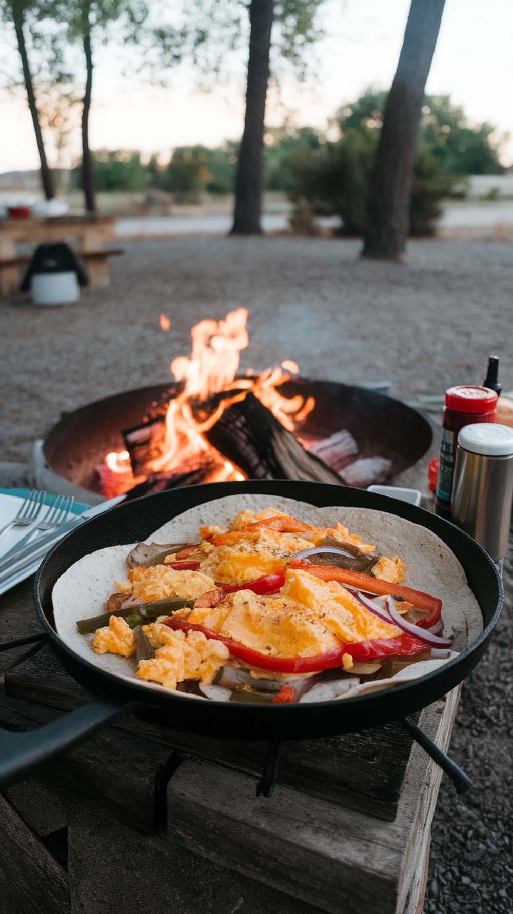 Campfire breakfast fajitas cooking with peppers and onions over an outdoor fire.