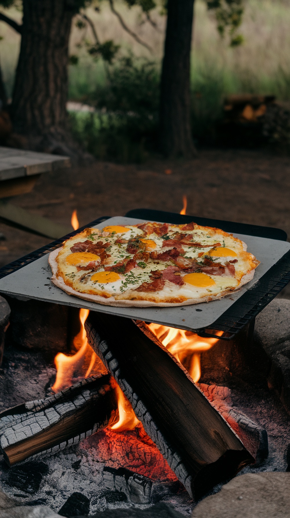 Campfire breakfast pizza with eggs and cheese cooking over an open fire