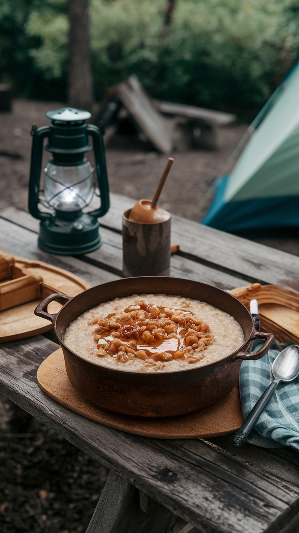 A bowl of campfire breakfast porridge topped with honey and nuts, set on a wooden table outdoors.