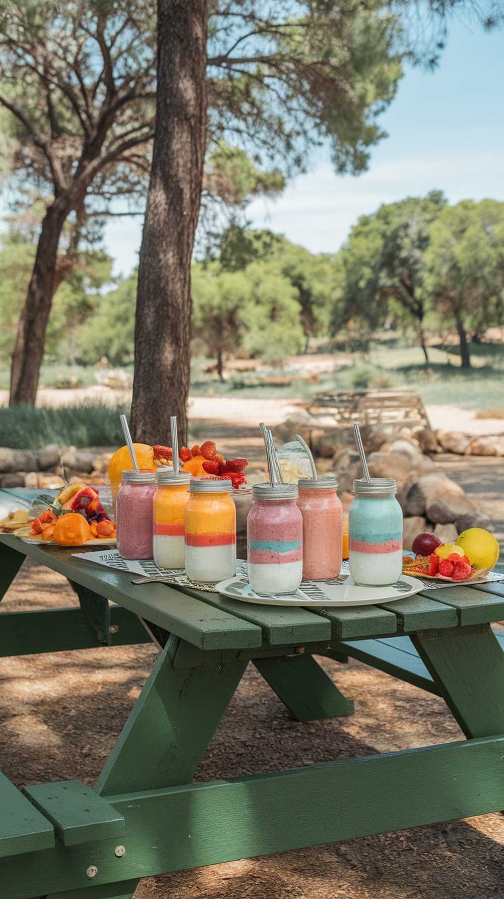 Colorful smoothies in jars on a picnic table in a camping setting