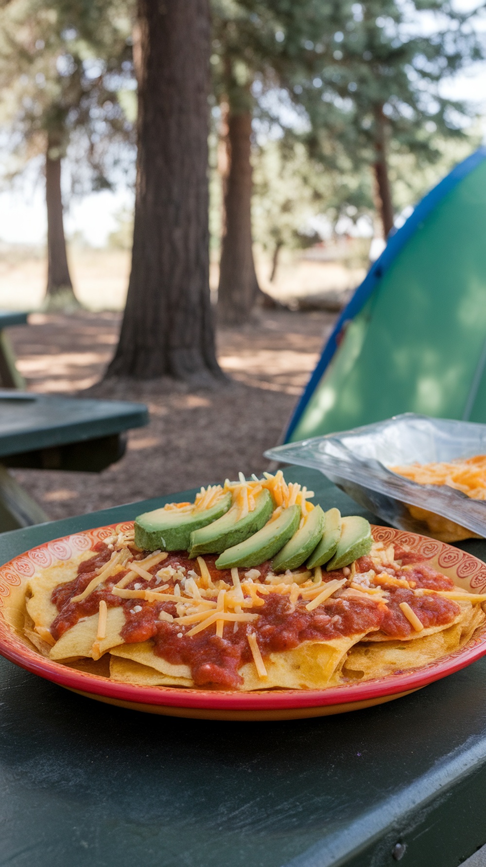 A plate of campfire chilaquiles topped with salsa verde, cheese, and avocado, set in a camping environment.