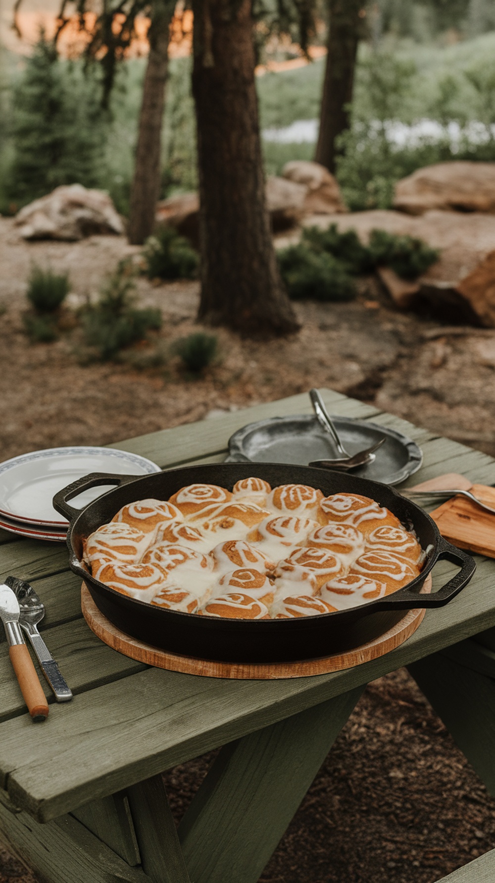 A delicious Campfire Cinnamon Roll Casserole served outdoors on a picnic table.