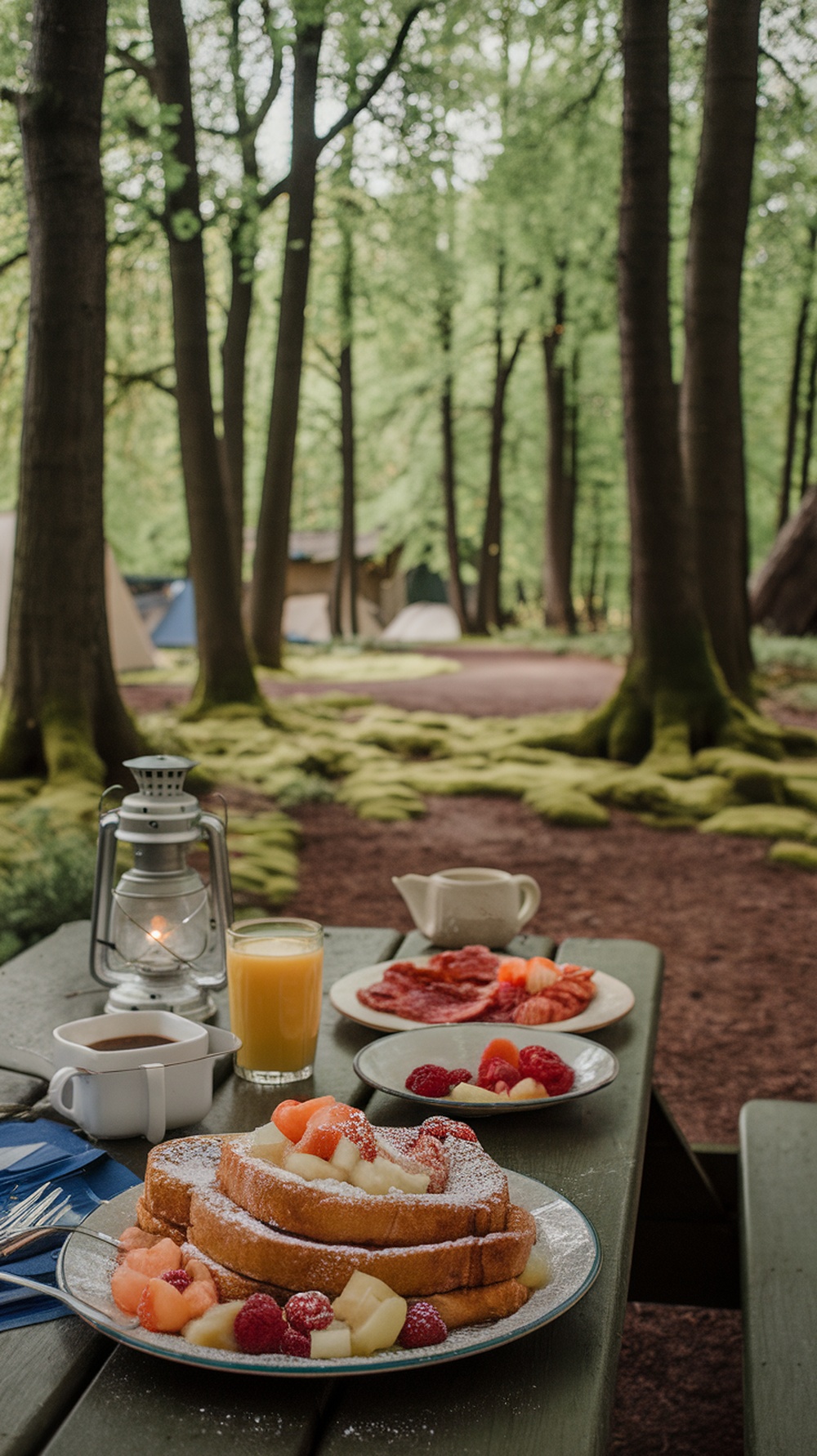 Campfire French Toast served with fresh fruit in a forest setting