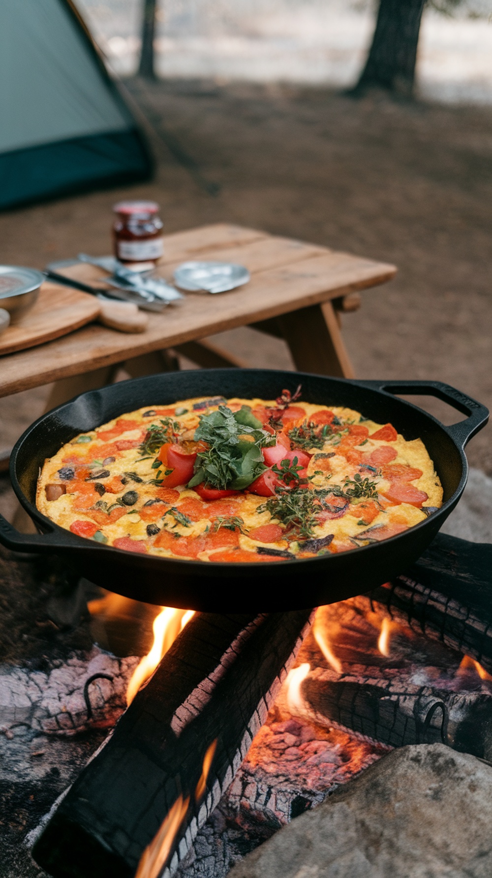 A skillet with a colorful veggie frittata cooking over a campfire, with a tent and picnic table in the background.