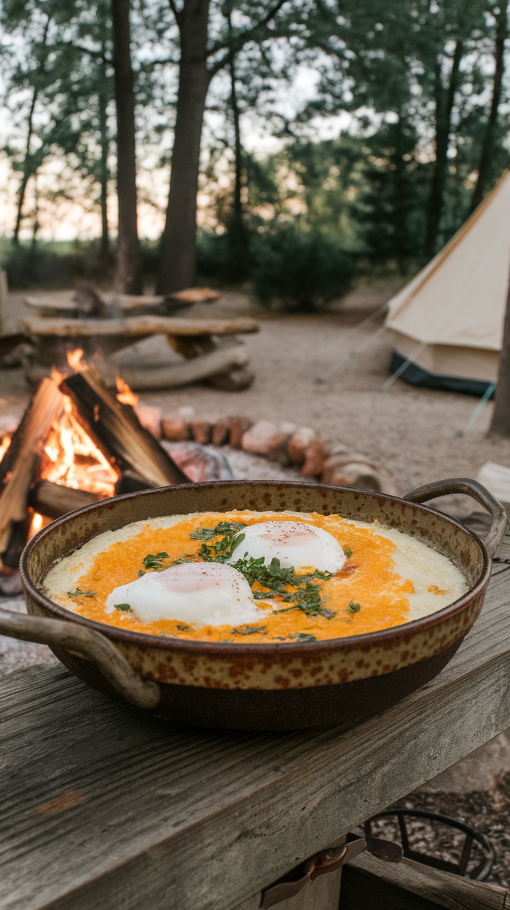 A bowl of cheesy grits with poached eggs, set outdoors by a campfire.