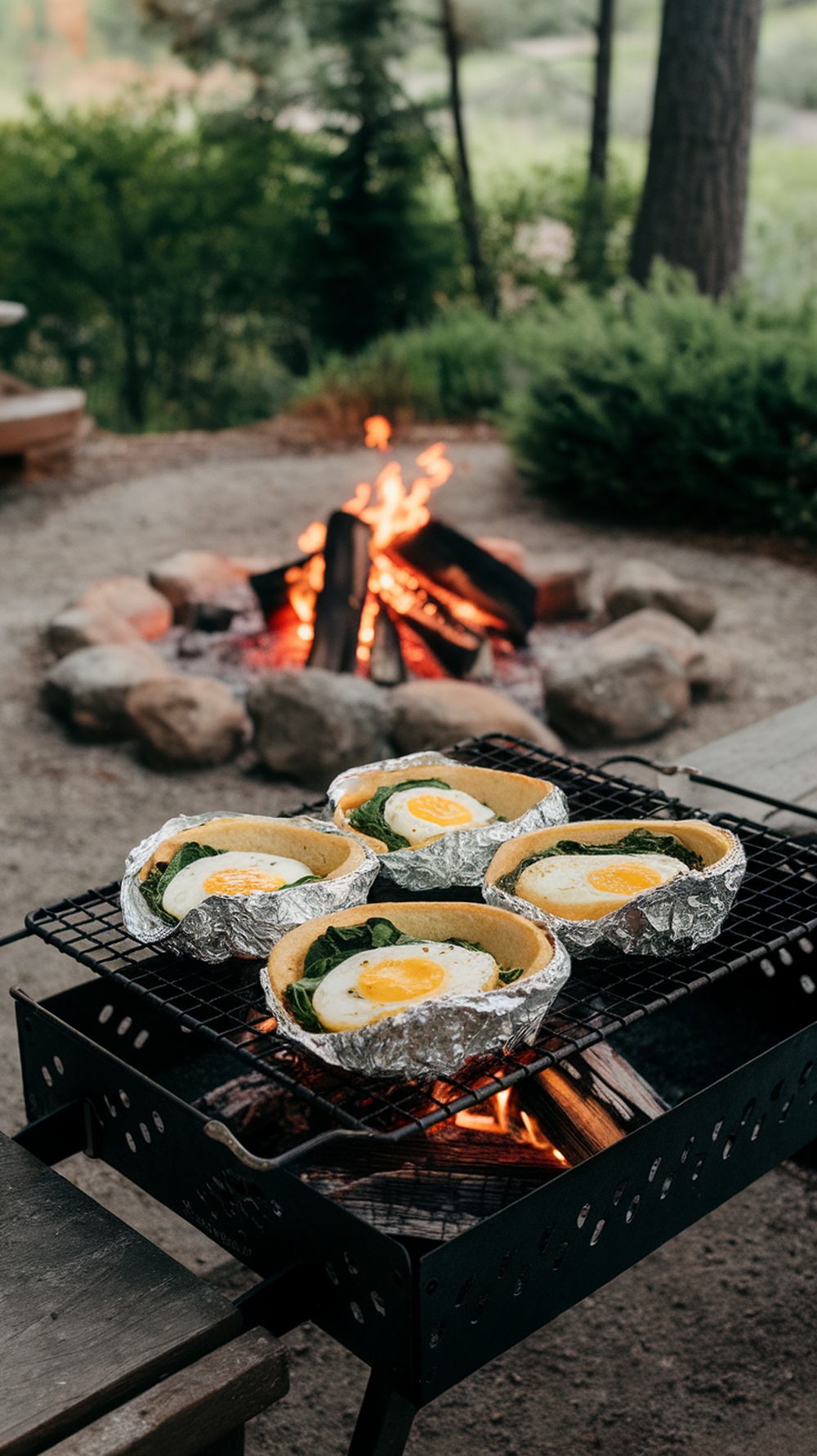 Egg and Spinach Breakfast Wraps cooking over a campfire in foil