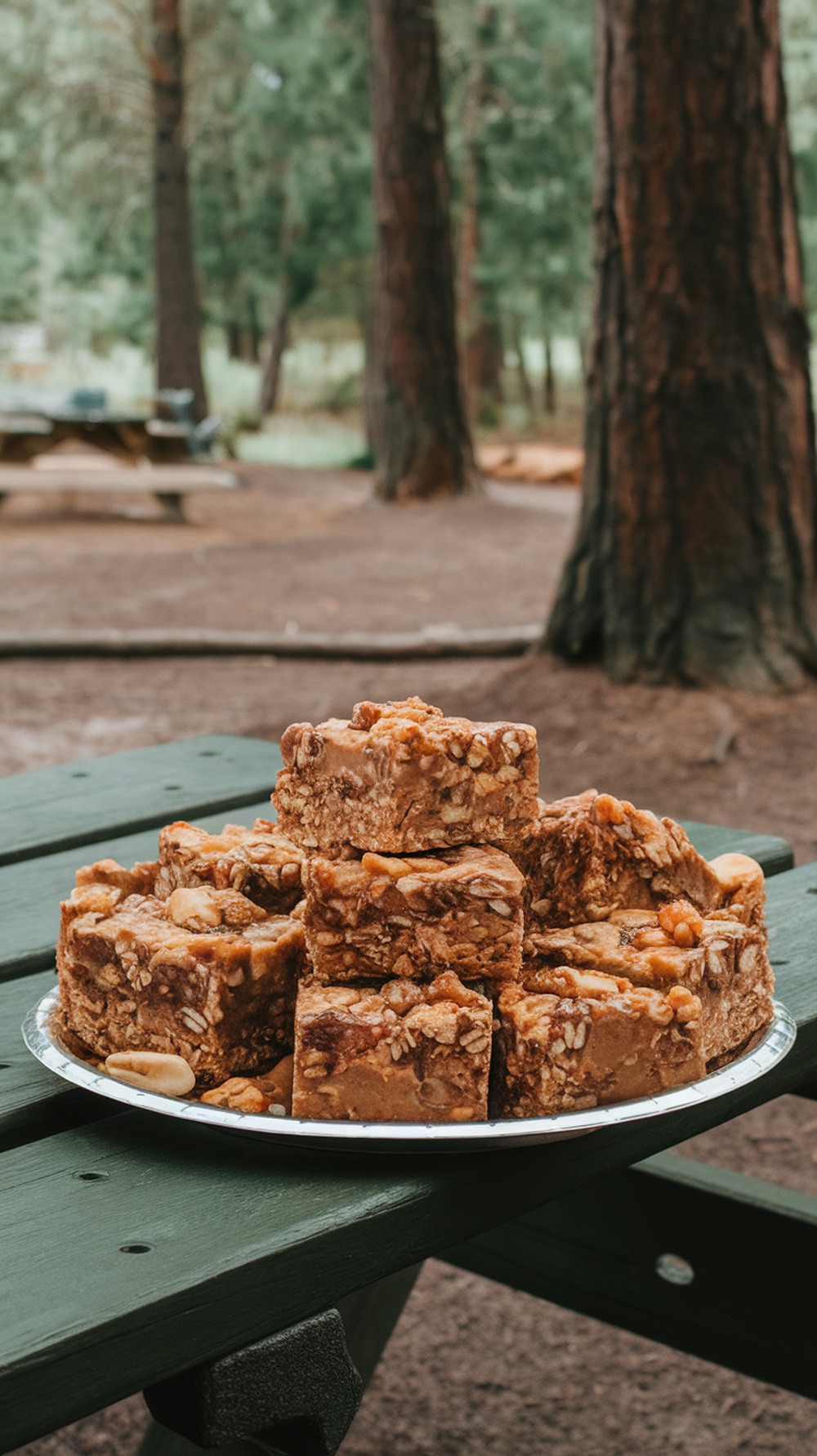 A plate of granola and nut butter breakfast bars on a picnic table in a forest setting.