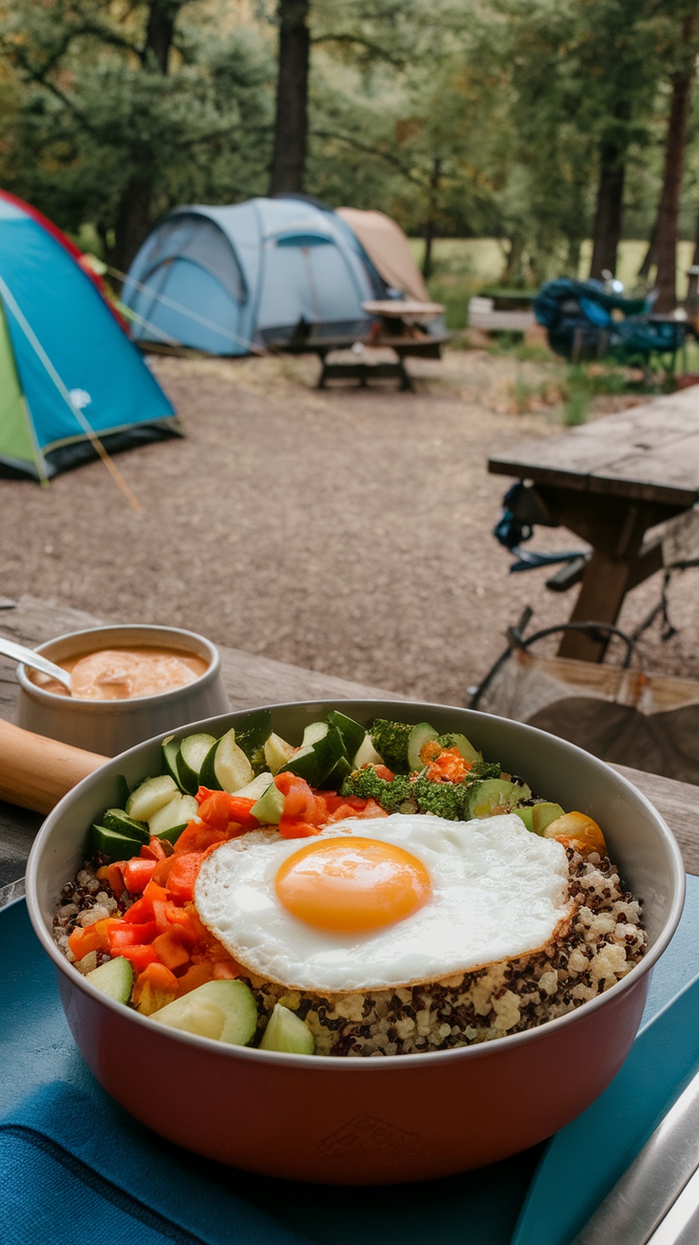 A hearty camping breakfast bowl with quinoa, topped with a fried egg and surrounded by fresh vegetables, set in a campsite.