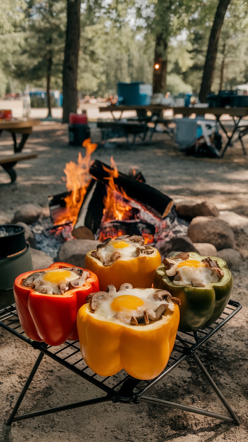 Mushroom and cheese stuffed peppers cooking over a campfire in a camping setting.