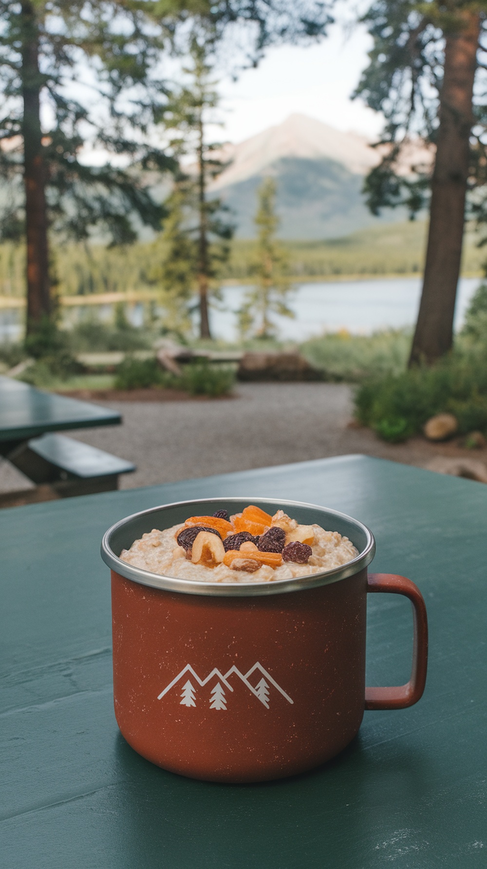 A bowl of oatmeal topped with dried fruits and nuts, set against a scenic outdoor backdrop.