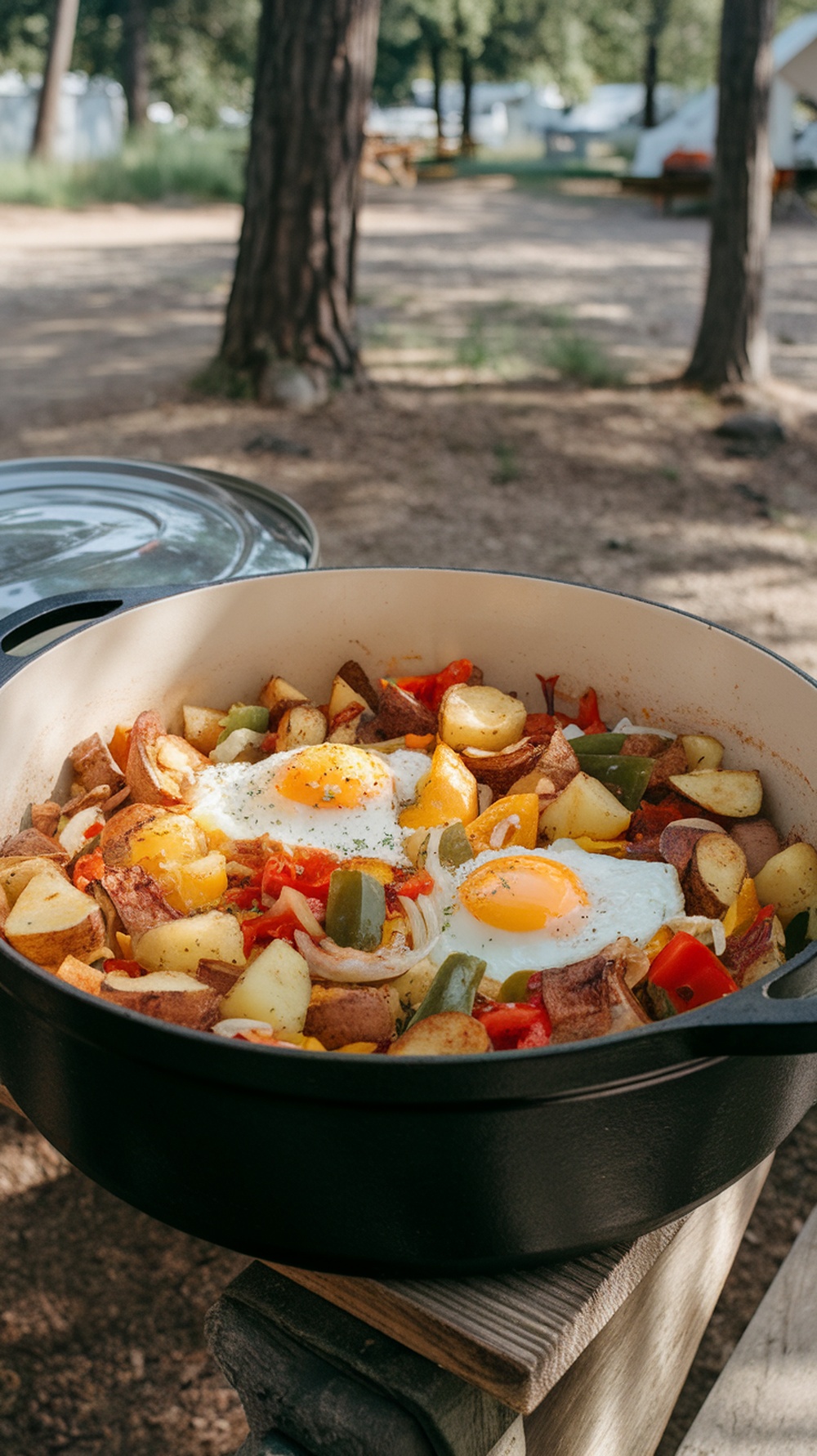 A delicious One-Pan Dutch Oven Breakfast Hash with potatoes, peppers, and eggs, set in a camping environment.