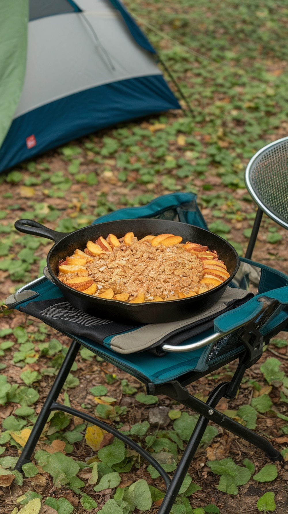 A skillet filled with peach and almond breakfast crumble, set outdoors near a camping tent.