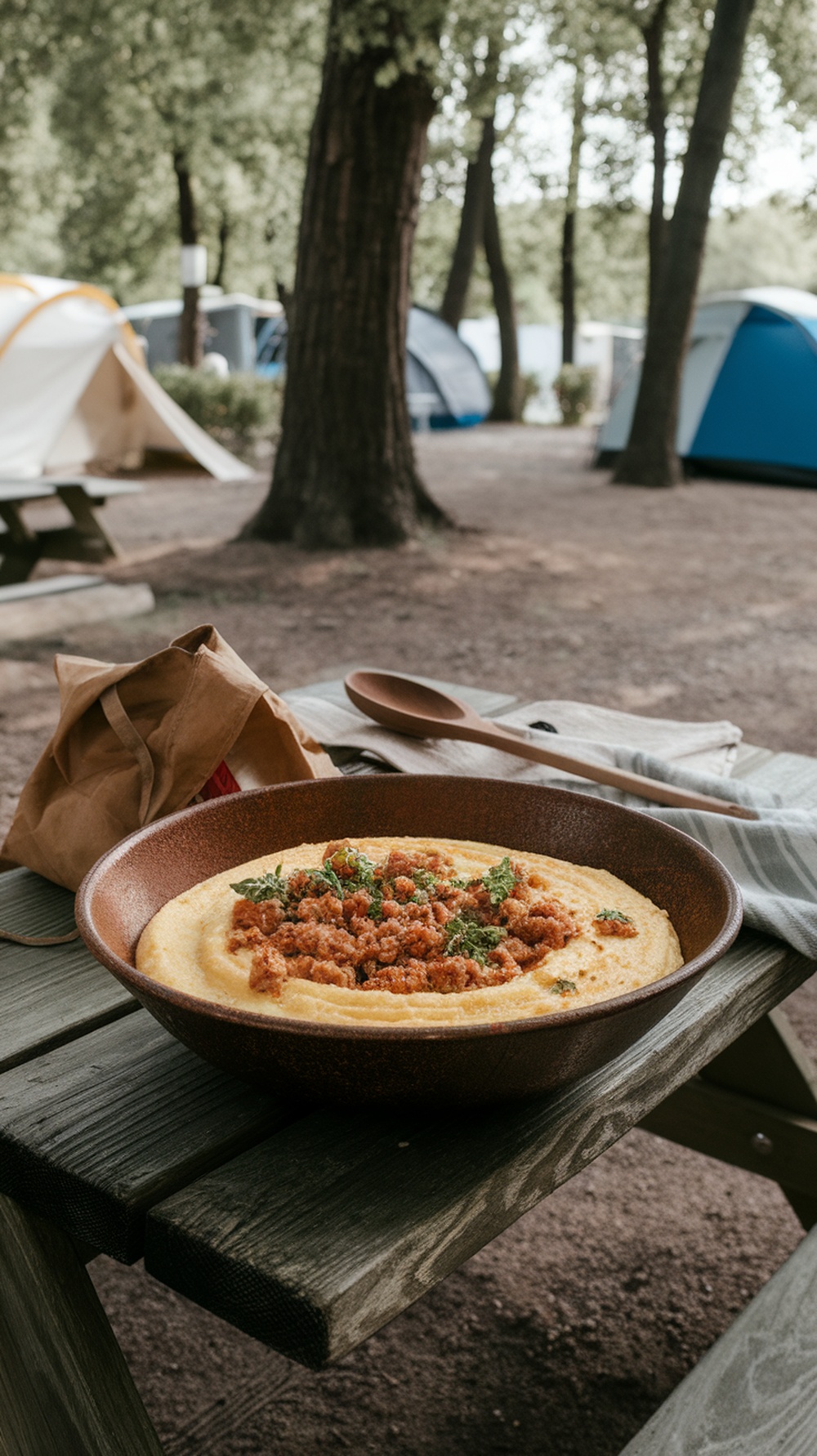 A bowl of savory breakfast polenta with sausage served outdoors at a campsite.