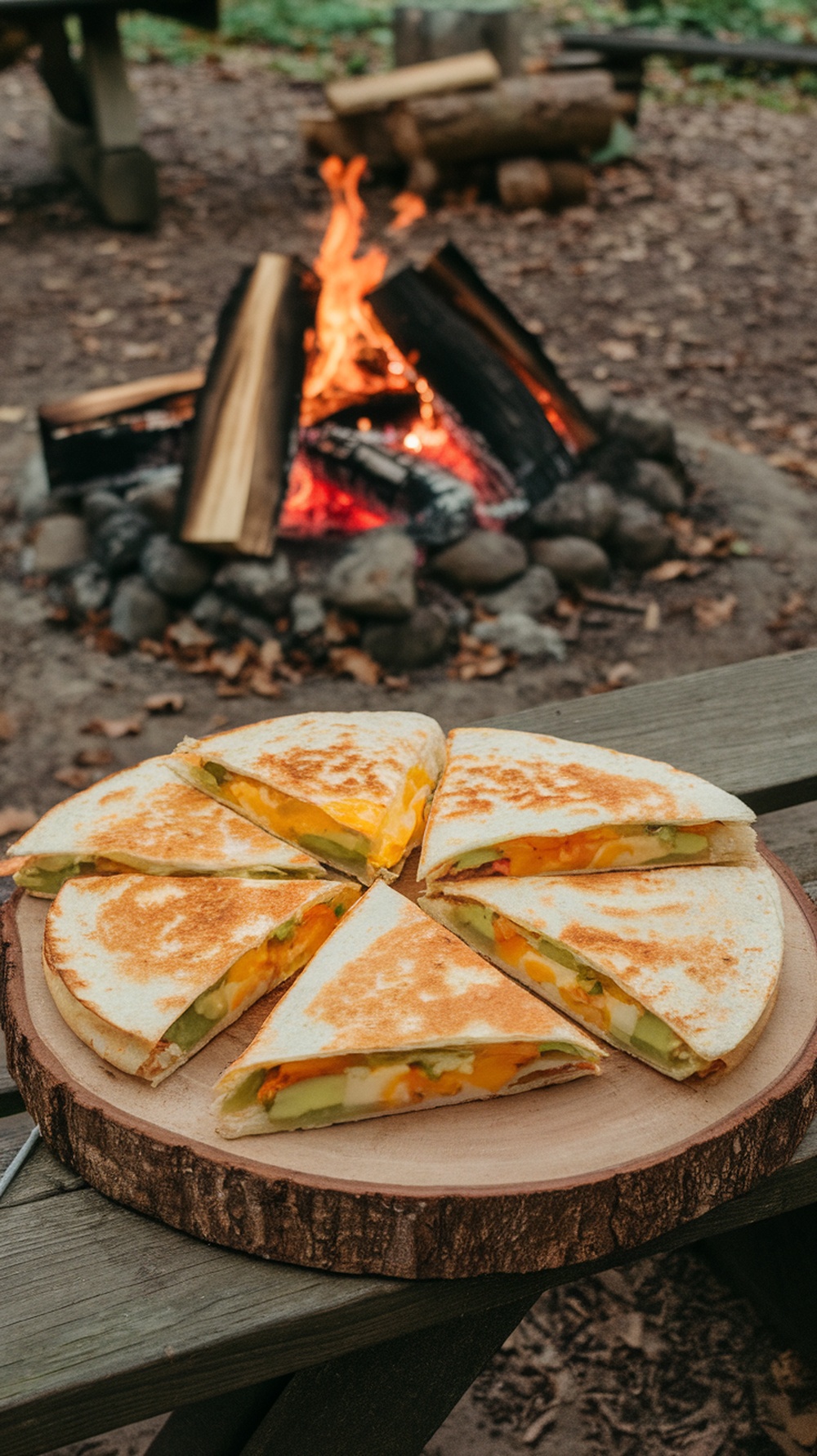 Smoky breakfast quesadillas with avocado on a wooden board, with a campfire in the background.