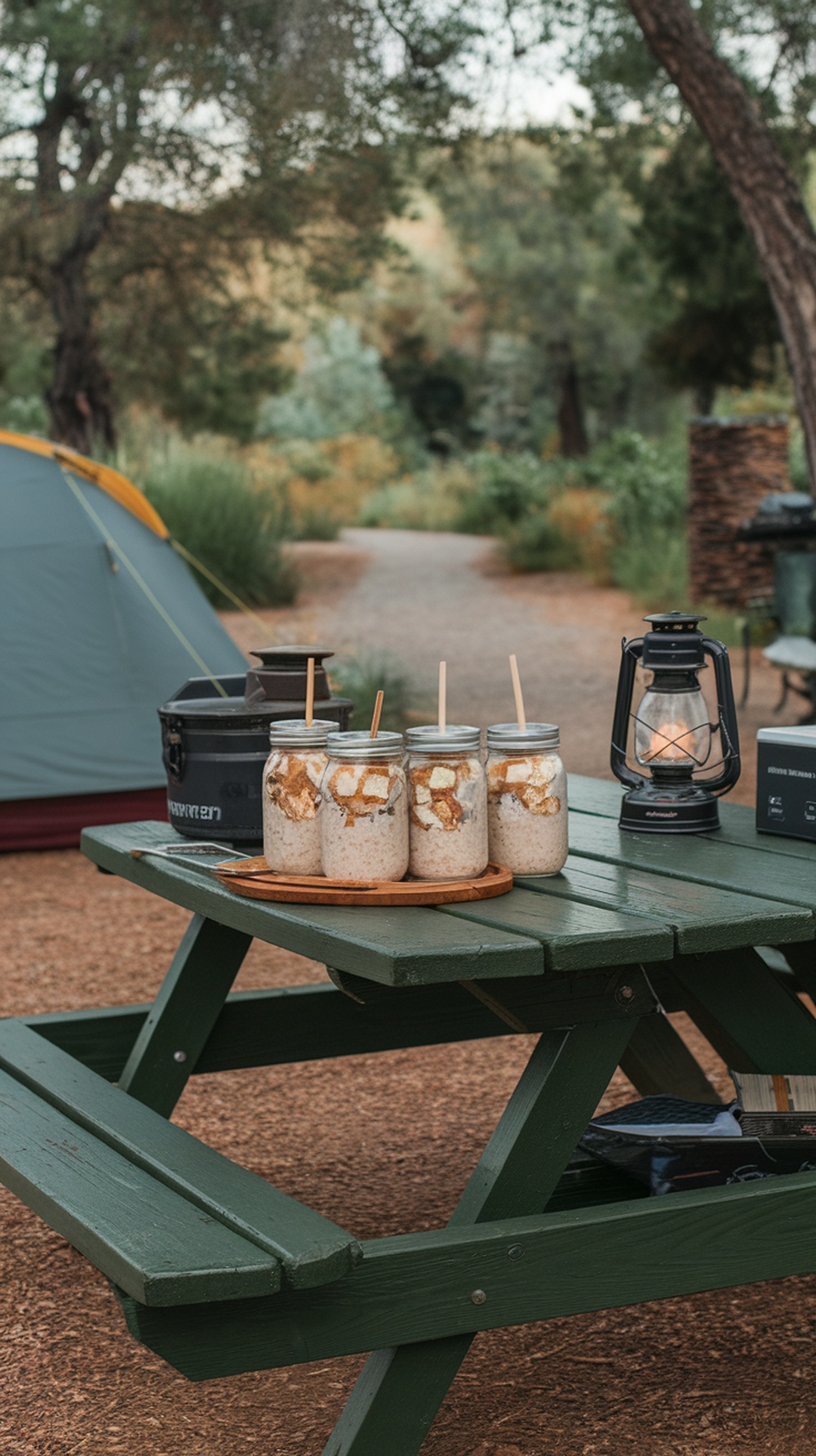 S'mores Overnight Oats in jars on a picnic table at a campsite