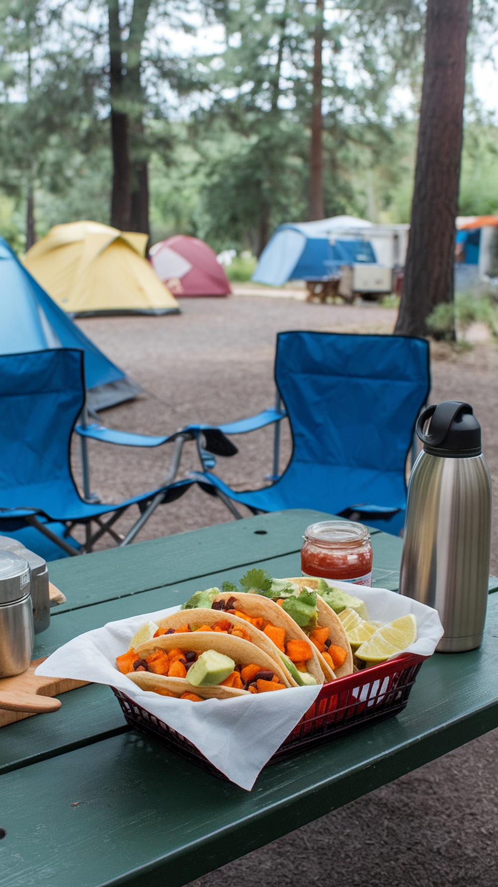 A basket of sweet potato and black bean breakfast tacos at a camping site.